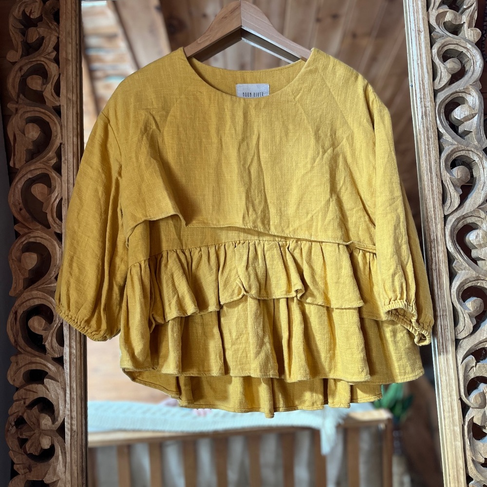Linen Anthropologie x Moon River Mustard Ruffled Blouse - Picture 3 of 6